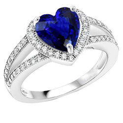 Bague saphir bleu en forme de coeur avec halo de diamants à tige fendue 4 carats