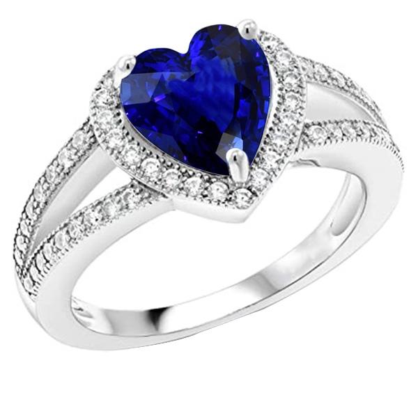 Bague saphir bleu en forme de coeur avec halo de diamants à tige fendue 4 carats - HarryChadEnt.FR