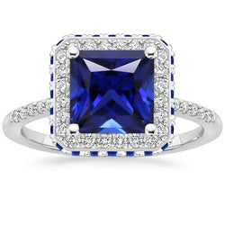 Bague saphir bleu et halo de diamants 5.5 carats princesse avec accent
