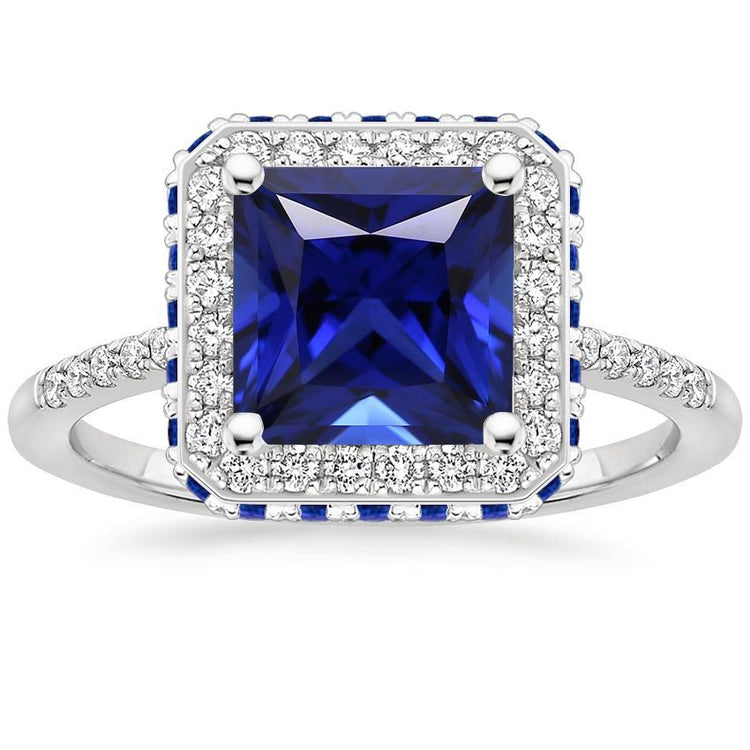 Bague saphir bleu et halo de diamants 5.5 carats princesse avec accent - HarryChadEnt.FR