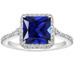 Bague saphir bleu halo 6 carats taille princesse avec accents de diamants