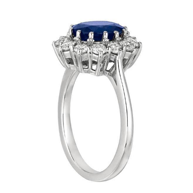 Bague saphir bleu ovale et halo de diamants ronds 6,50 ct. Or Blanc 14K - HarryChadEnt.FR