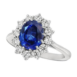 Bague saphir bleu ovale et halo de diamants ronds 6,50 ct. Or Blanc 14K