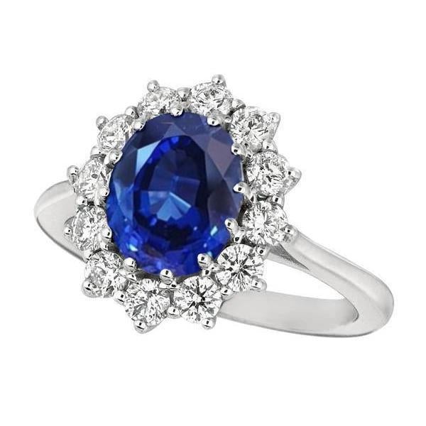 Bague saphir bleu ovale et halo de diamants ronds 6,50 ct. Or Blanc 14K - HarryChadEnt.FR