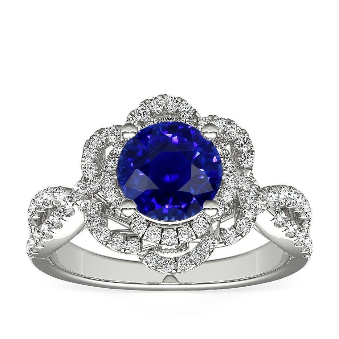 Bague saphir bleu rond double halo style fleur 5 carats tige fendue - HarryChadEnt.FR