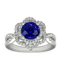 Bague saphir bleu rond double halo style fleur 5 carats tige fendue
