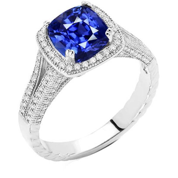 Bague saphir coussin Halo 3.50 carats diamants tige fendue millegrain - HarryChadEnt.FR
