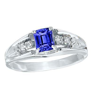 Bague saphir de Ceylan taille émeraude avec diamants ronds 1.30 ct - HarryChadEnt.FR