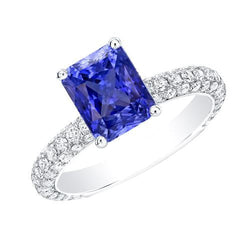 Bague saphir pour femme taille radiante 3.50 carats pavé de diamants multi-rangs