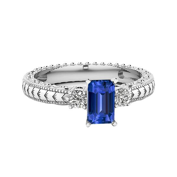Bague saphir sri-lankais émeraude de style antique à trois pierres 1.75 carats - HarryChadEnt.FR