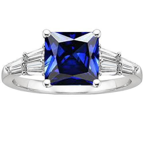 Bague saphir taille princesse avec baguettes effilées en or 4.50 carats 14K - HarryChadEnt.FR