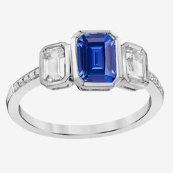 Bague sertie de diamants émeraude et saphir bleu style 3 pierres 2.50 carats