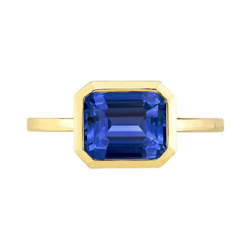 Bague sertie lunette saphir de Ceylan émeraude solitaire 2 carats or jaune - HarryChadEnt.FR