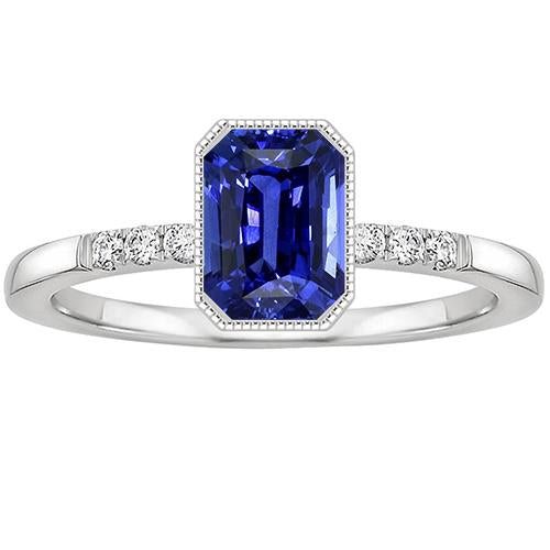 Bague sertie lunette taille radiante Saphir de Ceylan et diamant 3.50 Carats - HarryChadEnt.FR