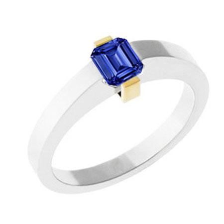 Bague solitaire bicolore 1 carat saphir bleu taille émeraude bijoux en or - HarryChadEnt.FR