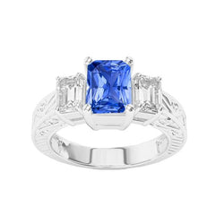 Bague style vintage diamant émeraude 2 carats forme rayonnante saphir bleu