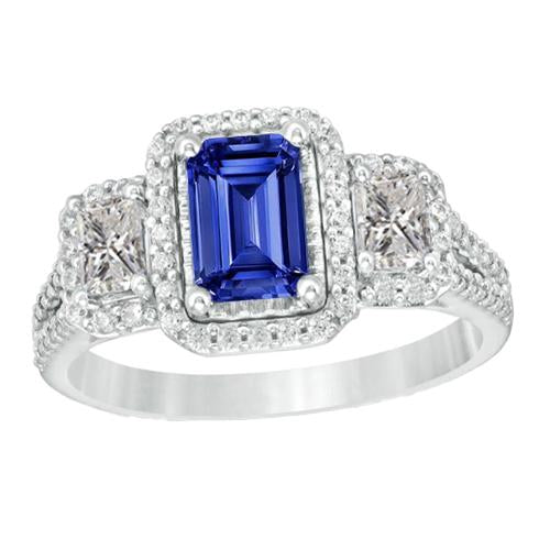 Bague taille émeraude double halo Saphir de Ceylan 4.50 carats tige fendue - HarryChadEnt.FR