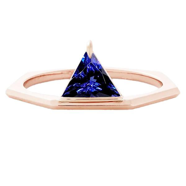 Bague trillion de pierres précieuses saphir bleu 14K or rose 1 carat bijoux - HarryChadEnt.FR
