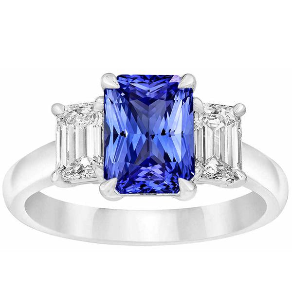 Bague trois pierres diamant émeraude et saphir de Ceylan sertie de griffes 3 carats - HarryChadEnt.FR