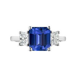 Bague trois pierres princesse diamant et saphir bleu émeraude 2.50 carats