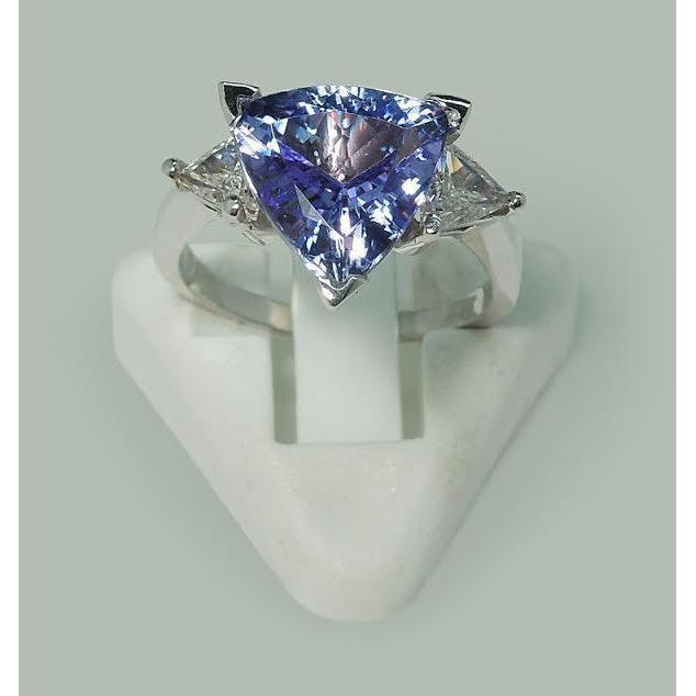 Bague trois pierres taille trilliant diamant bleu pierre précieuse 6.5 carats WG 14K - HarryChadEnt.FR