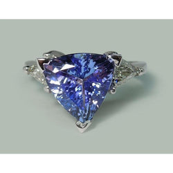 Bague trois pierres taille trilliant diamant bleu pierre précieuse 6.5 carats WG 14K