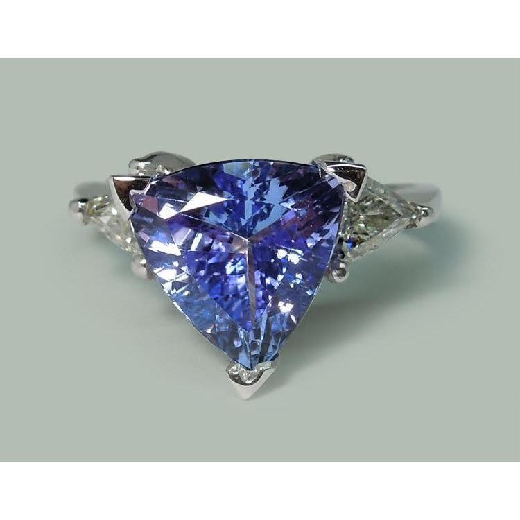 Bague trois pierres taille trilliant diamant bleu pierre précieuse 6.5 carats WG 14K - HarryChadEnt.FR