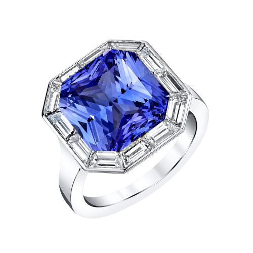 Baguette Baguette Diamant Halo Saphir Bleu Radiant 3.50 Carats Or 14K - HarryChadEnt.FR