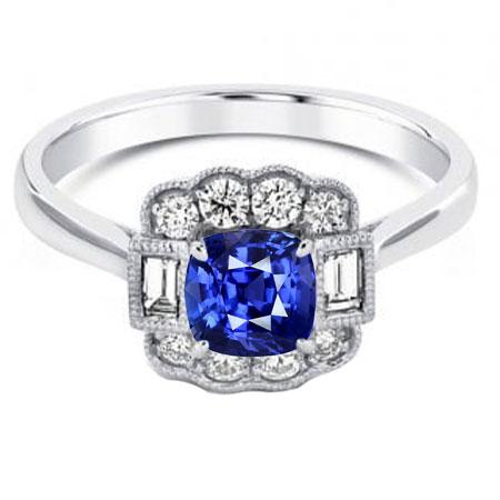 Baguette Baguette & Diamants Ronds Halo Coussin Bague Saphir 2.50 Carats Griffes - HarryChadEnt.FR