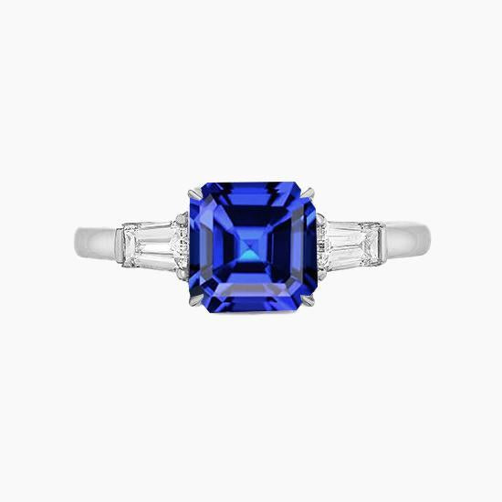 Baguette Diamant 3 Pierres Bague Asscher Taille Saphir Bleu 2.50 Carats - HarryChadEnt.FR