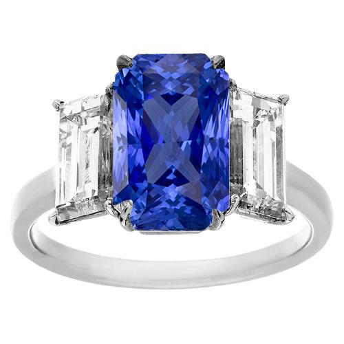 Baguette Diamant 3 Pierres Bague Radiant Saphir Bleu Profond 3.50 Carats - HarryChadEnt.FR