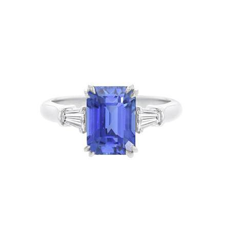 Baguette diamant 3 pierres taille émeraude saphir bleu 2.25 carats - HarryChadEnt.FR