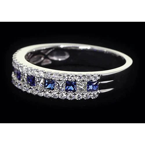 Bande d'éternité confortable 3 ct avec pierres de saphir bleu accentuées Or blanc 14 carats