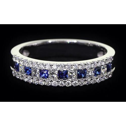 Bande d'éternité confortable 3 ct avec pierres de saphir bleu accentuées Or blanc 14 carats