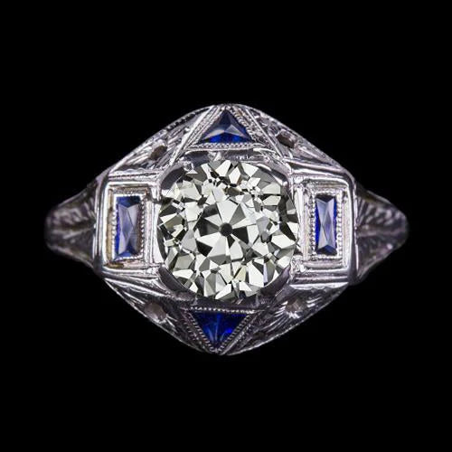 Bijoux Art Déco Bague Saphir Diamant Taille Ancienne Style Vintage