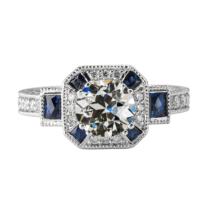 Bijoux Art Déco New Halo Old Miner Diamond Trapezoid Saphir Ring