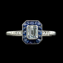 Bijoux Art Déco New Halo Ring Emerald Diamond & Trapezoid Saphirs