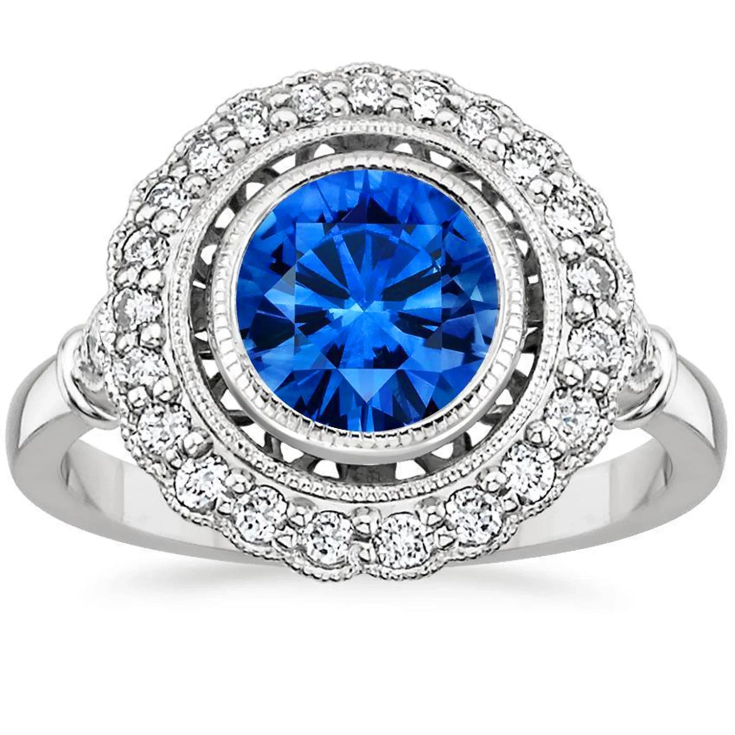Bijoux Art Nouveau New Halo Blue Round Saphir Diamond Ring