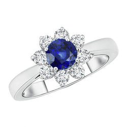 Bijoux Diamant Or Style Fleur Halo Rond Saphir Ceylan 3 Carats