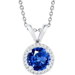 Bijoux Saphir Rond Pendentif Halo Diamant Or Massif 14K 2 Carats
