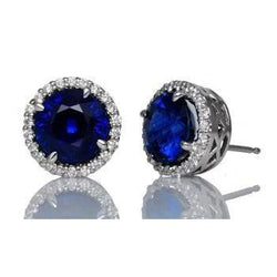 Boucle D'Oreille Diamants Saphir Bleu Halo Or Blanc 14K 5 Carats