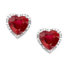 Boucle D'Oreille Halo Coeur Rubis Avec Diamants Or Blanc 14K 3.56 Carats