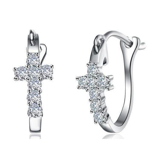Boucles d'oreilles créoles en forme de croix avec diamants ronds de 2.1 cts en or blanc 14 carats - HarryChadEnt.FR