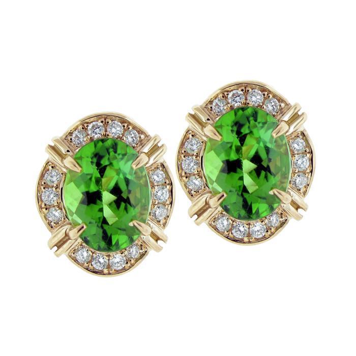 Boucle d'oreille diamant ovale tourmaline verte 15.28 carats en or jaune 14 carats - HarryChadEnt.FR