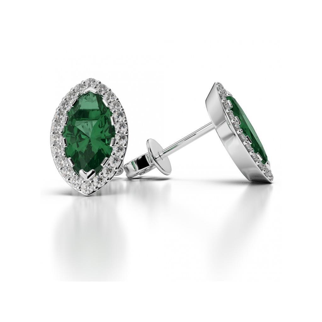 Boucle d'oreille émeraude verte de 3.44 ct avec diamants en or blanc 14 carats - HarryChadEnt.FR