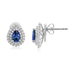 Boucle d'oreille or blanc saphir bleu 2.74 carats clou d'oreille halo de diamants