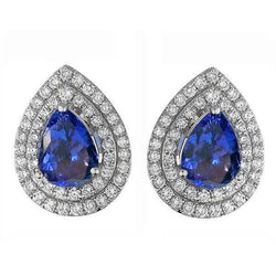 Boucles D'Oreilles Goujon Pave Halo Femme 3.96 Carats Tanzanite Bleue & Diamants