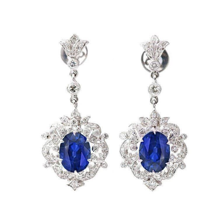 Boucles D'Oreilles Pendantes Diamant Saphir Ceylan Or Blanc Femme Bijoux 3 Ct - HarryChadEnt.FR