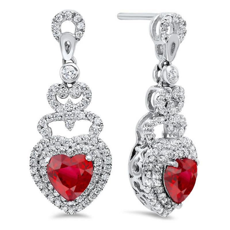Boucles D'oreilles Pendantes Femme Rubis Rouge Et Diamants Or Blanc 5.70 Cts - HarryChadEnt.FR