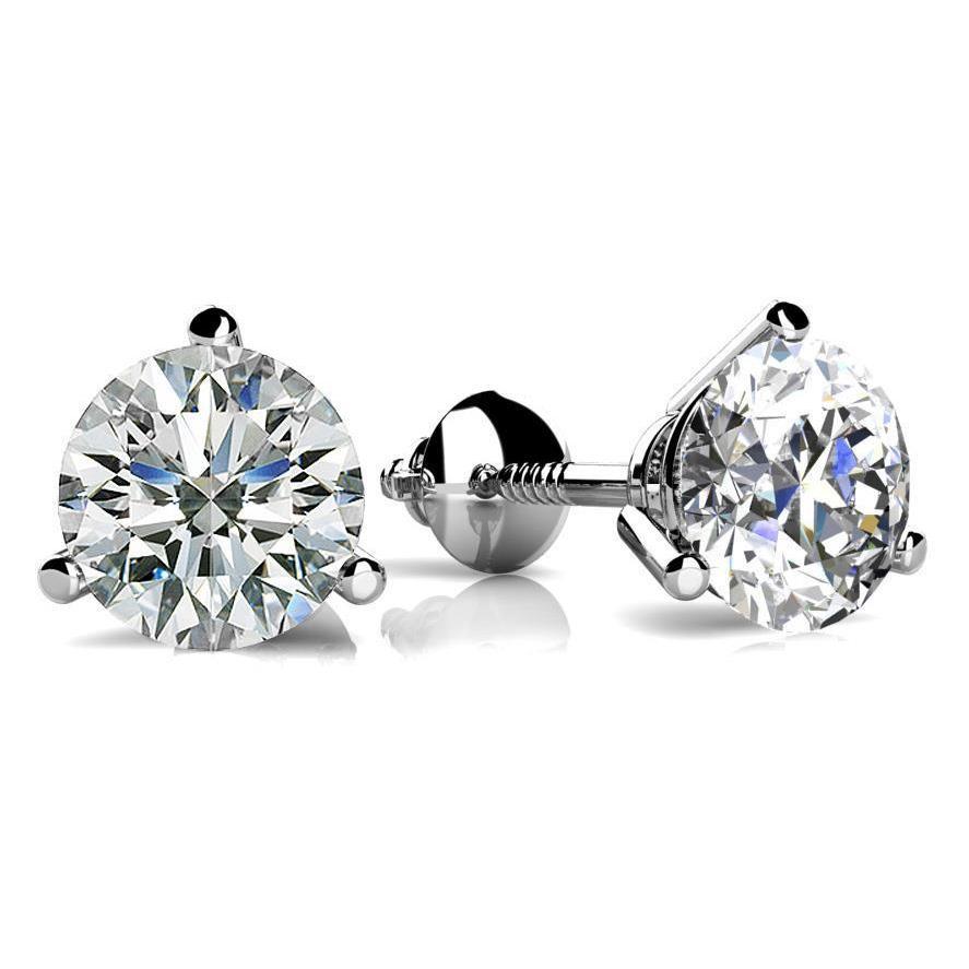 Boucles D'Oreilles Trois Griffes 2 Carats Diamants Taille Ronde Or Blanc 14K - HarryChadEnt.FR